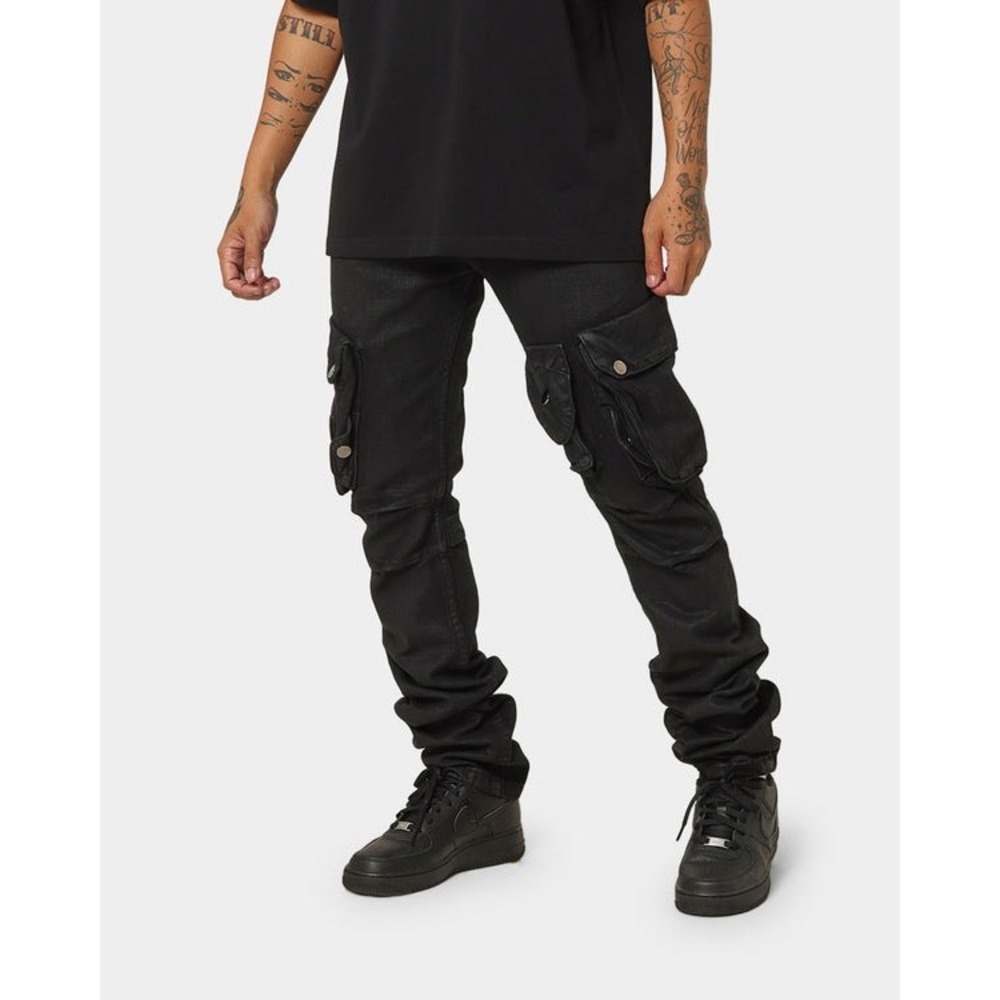 MNML Mens Black Waxed Denim Cargo Pants Slim Stacked Multi Pocket